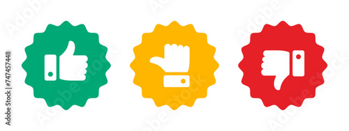 Like, dislike and neutral thumb icon symbol set in green, red and yellow color rounded zig zag circle on white background. Rating thumb icon set - Vector Icon