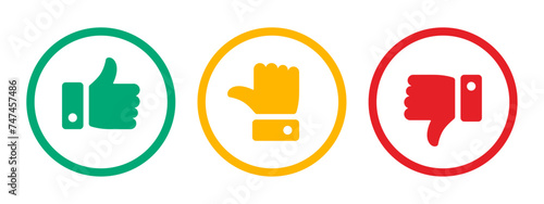 Like, dislike and neutral thumb icon symbol set in outline circle with green, yellow and red color on white background. Rating thumb icon set - Vector Icon. photo