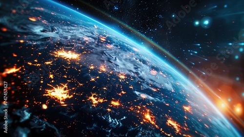 A stunning view of the illuminated earth from outer space. Perfect for science or technology-related projects