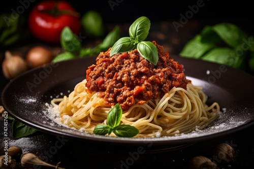 Detailed close-up photography of an exquisite spaghetti bolognese on a marble slab against a rustic textured paper background. AI Generation