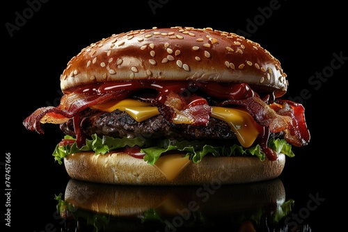 A mouth-watering hamburger with crispy bacon, melted cheese, and fresh lettuce. Perfect for food menus or advertising