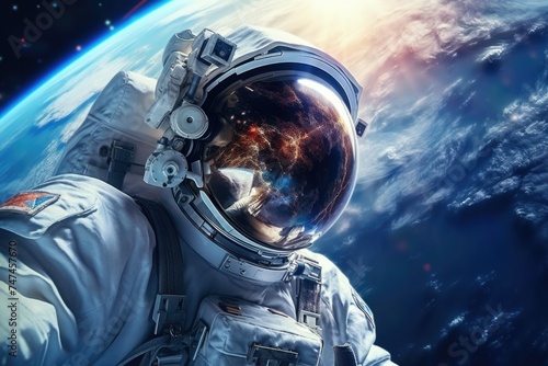 An astronaut in a space suit with the earth in the background. Suitable for science and technology concepts