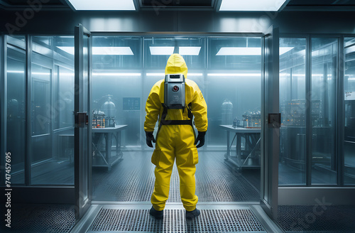 A man in a yellow hazmat suit stands in the doorway photo