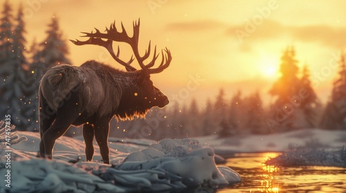 A majestic moose standing in the snow next to a peaceful river. Ideal for nature and wildlife themes #747457835