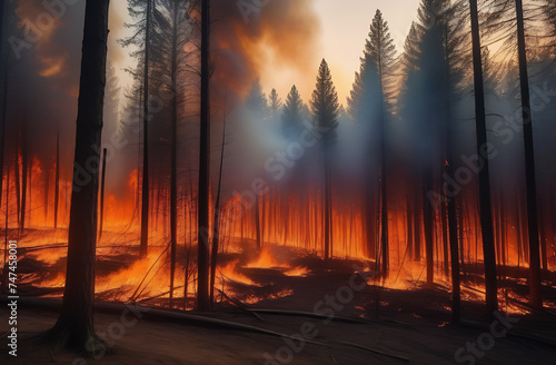 a fire in the forest, smoke filling the surrounding space, setting fire to dry grass,