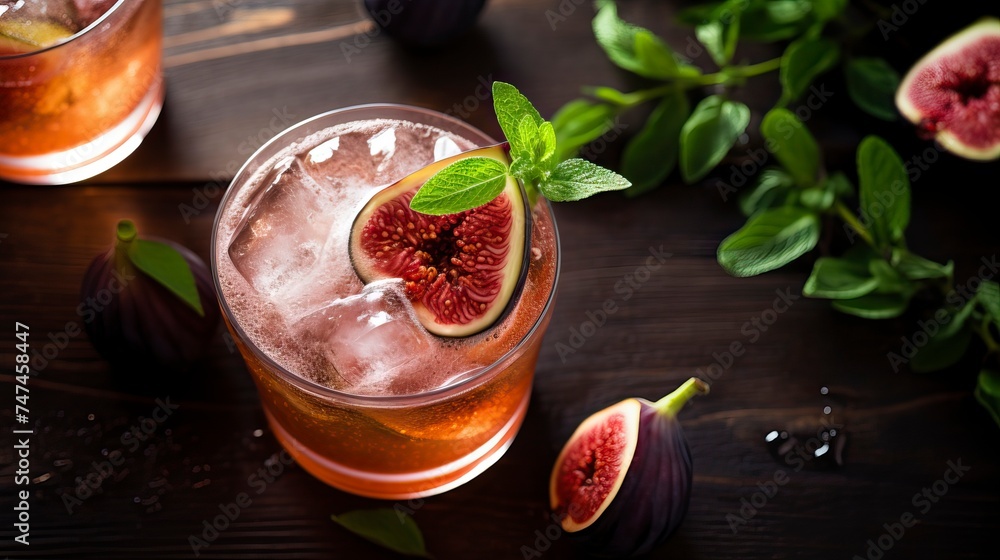 Fig and Honey Bourbon Fizz drinks on a Table with Beautiful Lighting Fig and Honey Bourbon Fizz drinks on a Table with Beautiful Lighting