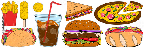 Fast food color set in retro linear style. Vector illustration of pizza, soda, sandwich, burger, taco, french fries, hand drawn for restaurant menu, advertisement, flyer.