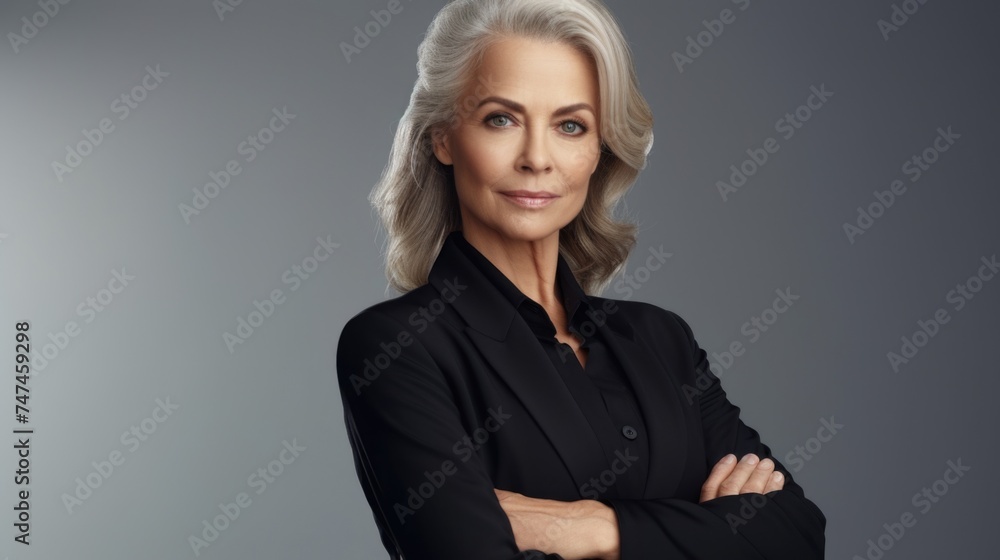 A professional woman in a business suit with arms crossed. Suitable for corporate and career-related concepts A professional woman in a business suit with arms crossed. Suitable for corporate and career-related concepts