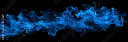 Photograph capturing the mesmerizing dance of cerulean smoke tendrils against a canvas of midnight black.