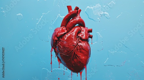 Anatomically realistic human heart with dripping drops of blood. A medical concept. Illustration for cover, card, postcard, interior design, banner, poster, brochure or presentation.