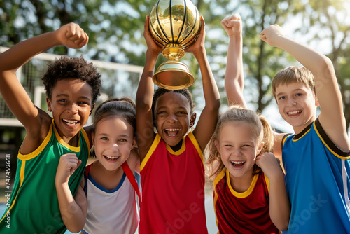 Group of happy children winning sports competition. Kids from all around the world celebrate sports success. Boys and girls smiling and raising hands up in joy