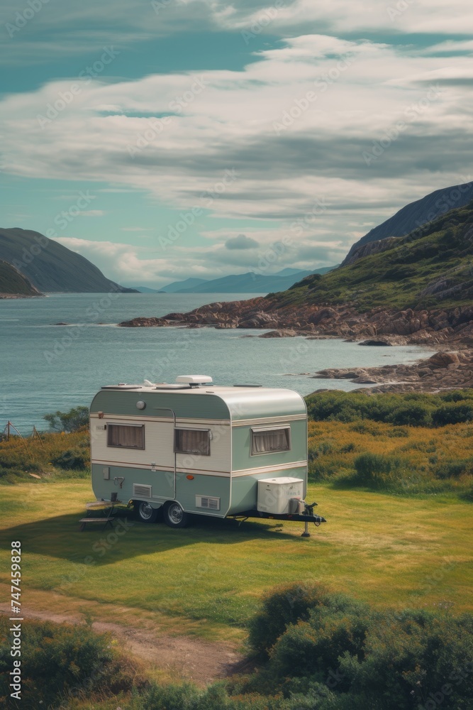 Camping near the lake in a motorhome . Camping in a camper van