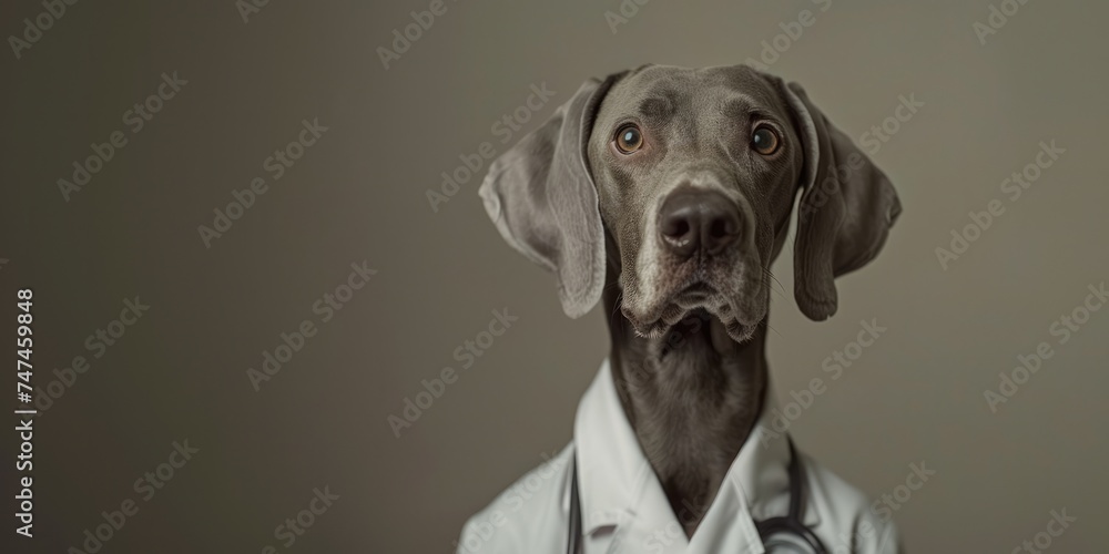 Generative AI, funny dog portrait in doctor uniform on neutral background, copy space Generative AI, funny dog portrait in doctor uniform on neutral background, copy space