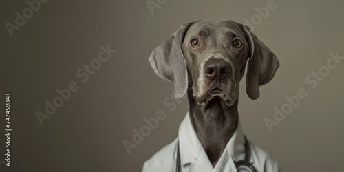 Generative AI  funny dog portrait in doctor uniform on neutral background  copy space