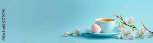 easter eggs and flowers and a cup on a blue background convey the anticipation of easter with copy space, created with generative AI technology