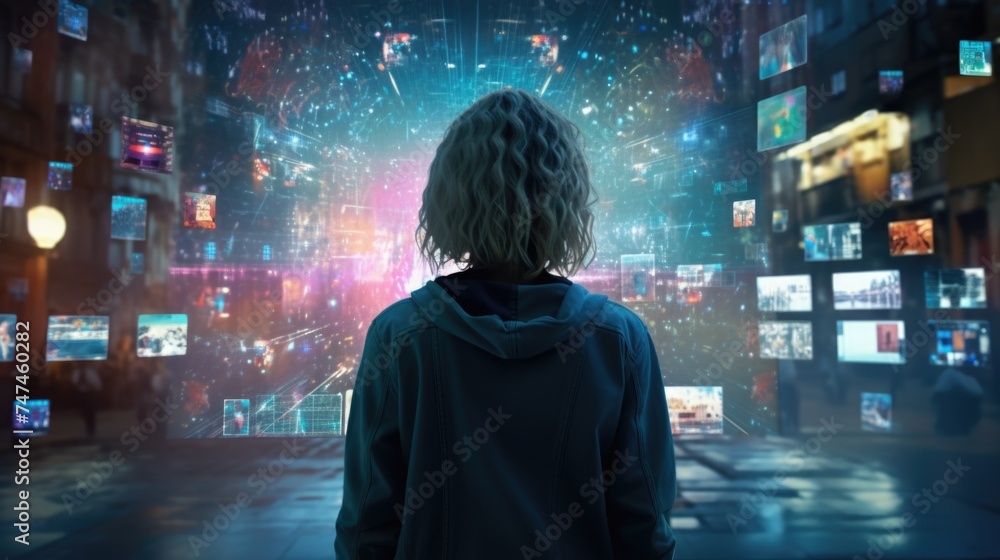 A person standing in front of multiple television screens, suitable for technology concept A person standing in front of multiple television screens, suitable for technology concept