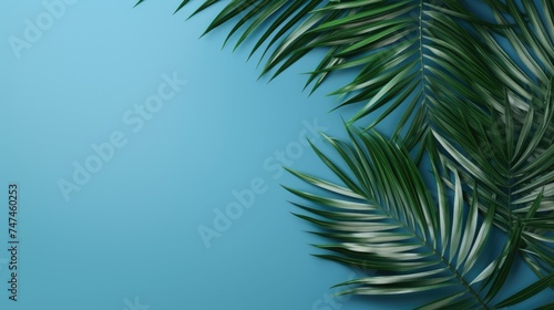 A single palm leaf on a vibrant blue background. Perfect for tropical-themed designs