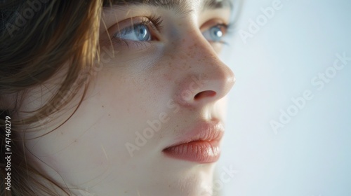 Close up of a woman with striking blue eyes, perfect for beauty or eye care concepts