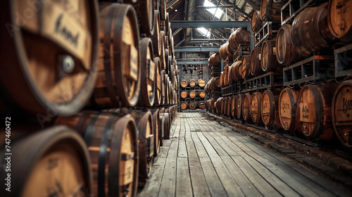 Rows of aged whiskey barrels stored in a distillery warehouse, illustrating the aging process of spirits. photo