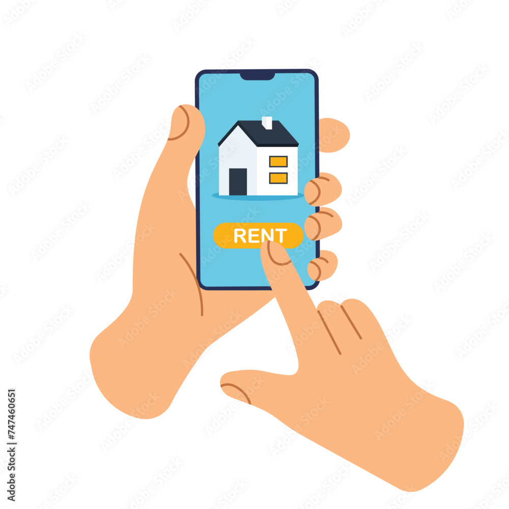 House for rent. Buying mortgage house. Hand holds phone with housing search site on screen. Real estate property. Booking. Vector illustration in a trendy flat style. House for rent. Buying mortgage house. Hand holds phone with housing search site on screen. Real estate property. Booking. Vector illustration in a trendy flat style.