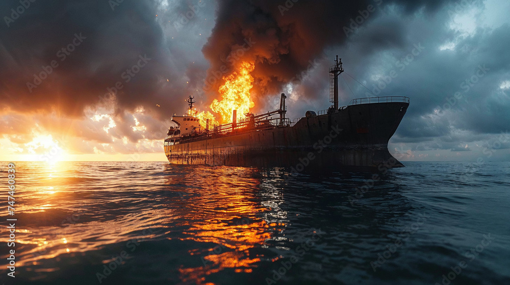 An emergency situation with a ship engulfed in flames on the ocean against a sunset backdrop. An emergency situation with a ship engulfed in flames on the ocean against a sunset backdrop.