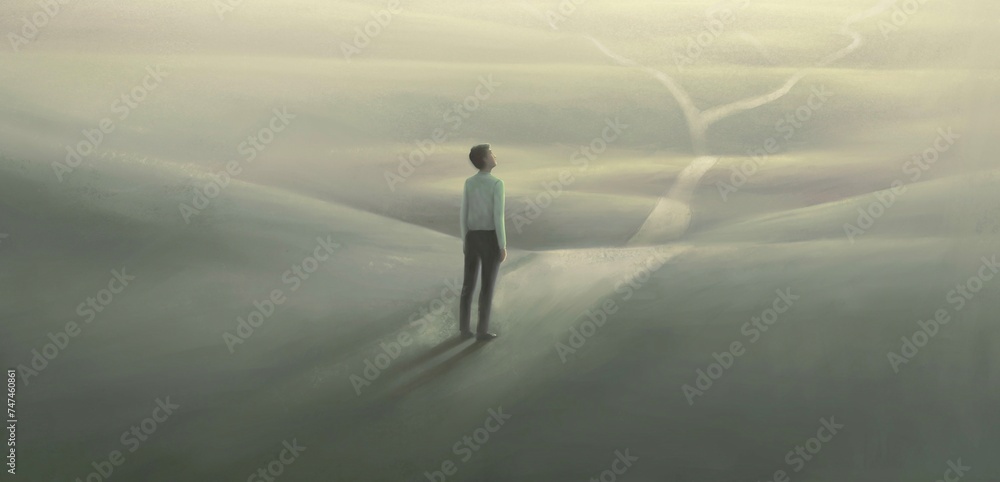 Lonely business man and the road. surreal art. loneliness and way concept. conceptual artwork.