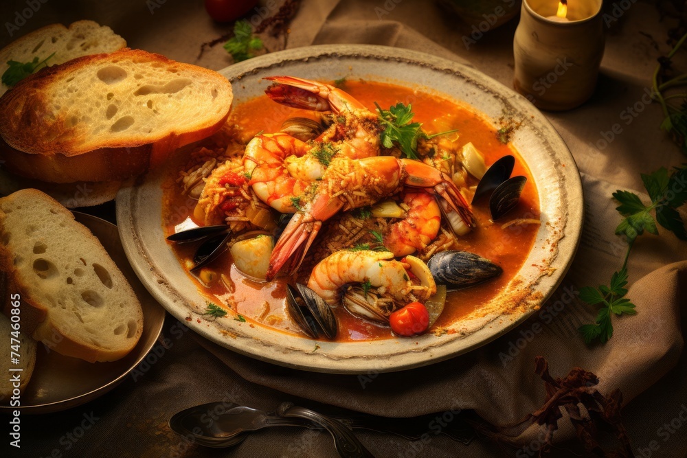 Detailed close-up photography of a tasty bouillabaisse on a porcelain platter against a rustic textured paper background. AI Generation