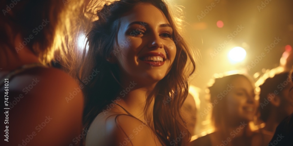 A woman smiling in a crowd, suitable for business and social concepts