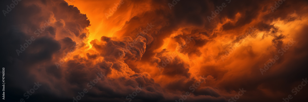 Photograph capturing the dynamic movement of vibrant orange smoke against a backdrop of dark, stormy clouds.