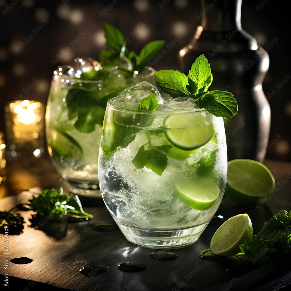 Lime and Basil Gin Tonic drinks on a Table with Beautiful Lighting Lime and Basil Gin Tonic drinks on a Table with Beautiful Lighting