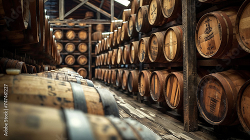 Rows of aged whiskey barrels stored in a distillery warehouse, illustrating the aging process of spirits.