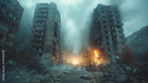 destroyed city buildings after shelling in smoke and fire