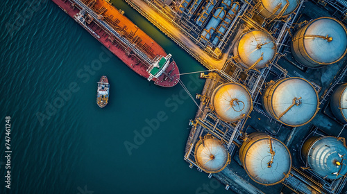 A breathtaking aerial shot capturing the vastness of an industrial harbor with ships and storage tanks at dusk. photo