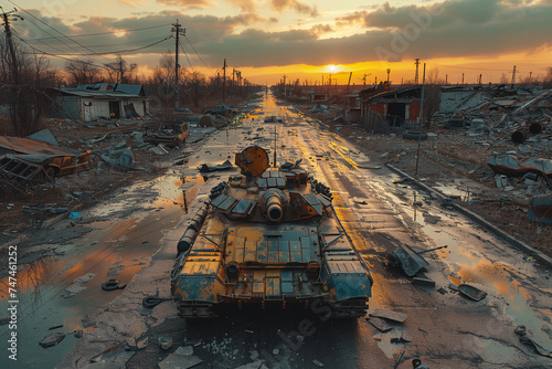 war, in a destroyed city there is a burnt tank in the middle of the road. photo