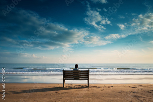 Peaceful scene of a lone individual sitting on a bench facing the serene waves of the sea under a cloudy sky.