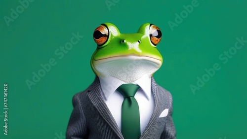Green frog in a suit on green background. Business concept.