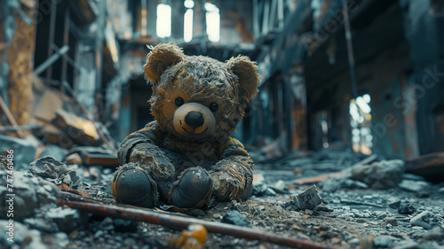 dirty teddy bear in a destroyed house