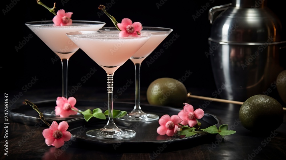 Lychee Sake Martini drinks on a Table with Beautiful Lighting Lychee Sake Martini drinks on a Table with Beautiful Lighting