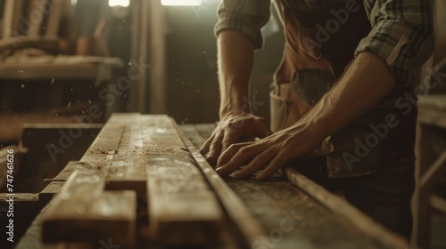  man owner a small furniture business is preparing wood for production. carpenter male is adjust wood to the desired size. architect, designer, Built-in, professional wood, craftsman, workshop.