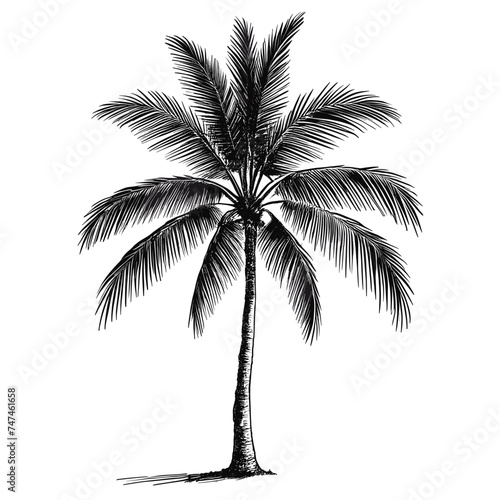 Palm tree ink sketch drawing, black and white, engraving style vector illustration