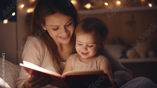 Happy Asian mother relax and read book with baby time together at home. parent sit on sofa with daughter and reading a story. learn development, childcare, laughing, education, storytelling, practice