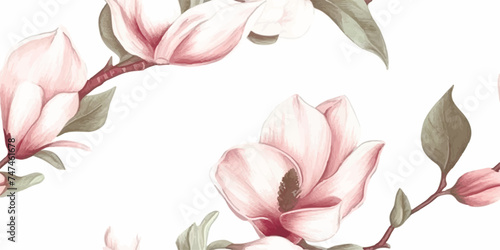 Floral seamless pattern with white Anise magnolia flowers  leaves and petals on white background. Pastel vintage theme with realistic  vector  spring flowers for fabric  prints  greeting cards.