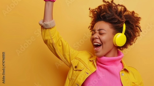 Joyful young women in wireless headphones and enjoy music, having fun, listening to music, raising his arm, dancing to favorite song, enjoying cool soundtrack, happy life