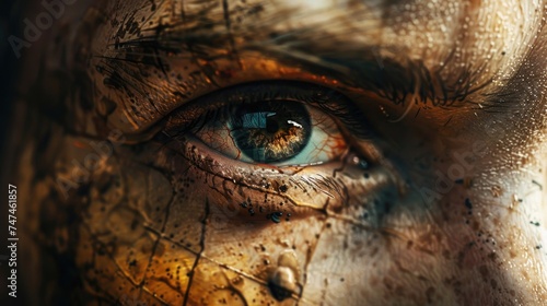 Close up of a person's eye covered in dirt. Suitable for medical, hygiene or pollution concepts
