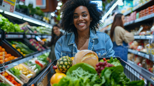 young woman with curly hair, smiling at the camera while shopping in a grocery store.