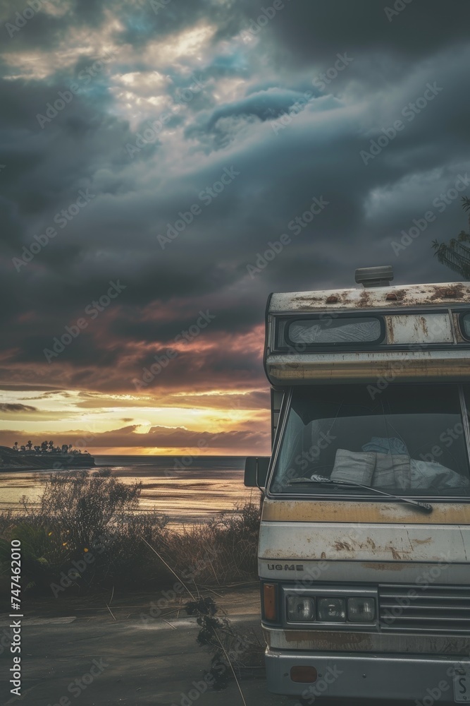 Camping near the lake in a motorhome . Camping in a camper van