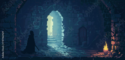 A 16-bit pixel art knight with a shield standing solemnly in a dimly lit dungeon