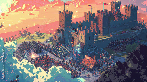 A vibrant 16-bit pixel art scene of a fantasy epic battle war at the castle