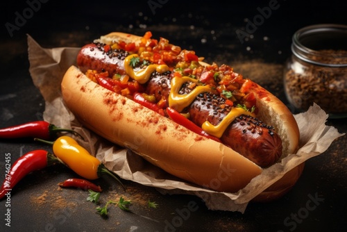 Macro detail close-up photography of a delicious hot dog on a metal tray against a rustic textured paper background. AI Generation