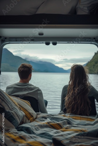 A man and a woman are sitting inside a motorhome and looking at the lake. Camping by the lake in a mobile home